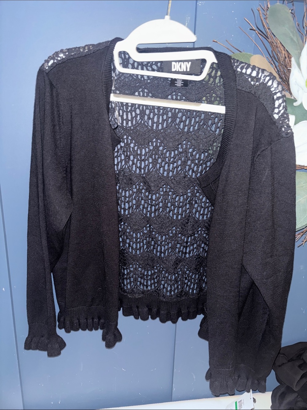 DKNY Black Open-Front Crochet/Lace-Back Cardigan‎ with Ruffle Trim NWT❗️
